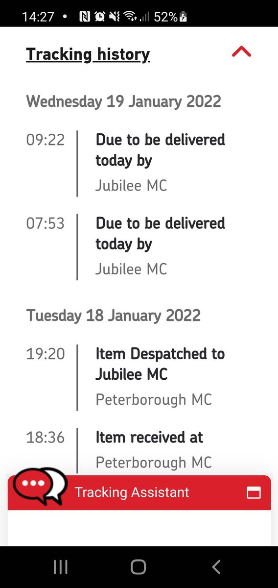 BookiC's tweet photo. @RoyalMail @RoyalMailHelp my next day by 1pm item has been sat at Jubilee MC since 19 Jan, no scans since and is leaving me £400 out of pocket for a refund. Phone lines cut off after being on hold for ages. Have you lost my item?? HELP! https://t.co/i4VZxKArpK