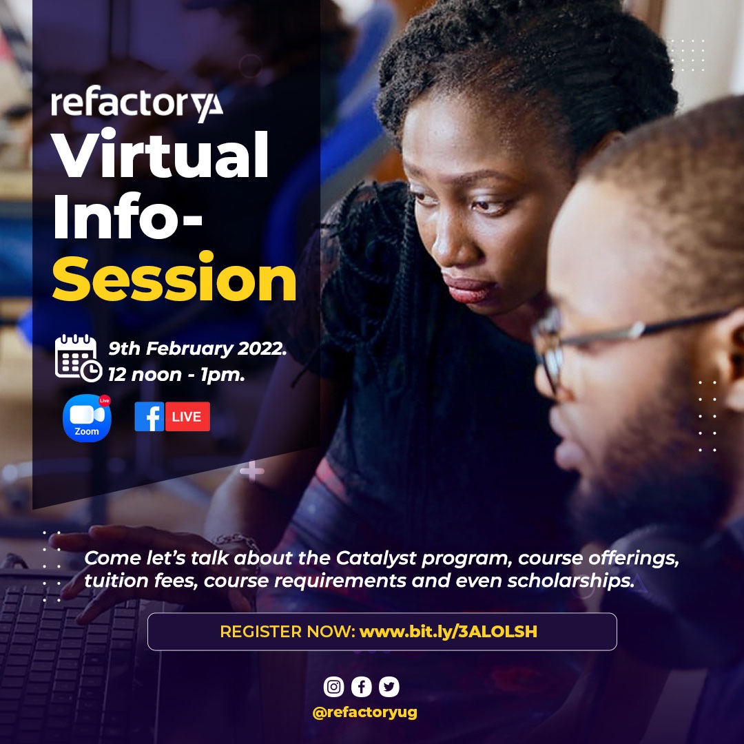 niyimic's tweet image. You probably have heard about @refactory_ug but wonder what they do. Or you are at that point where you want something that drives your adrenaline like writing #softwarecode. Come let us share

Join us at our #Infosession. 

Here is the registration link: bit.ly/3ALOLSH
