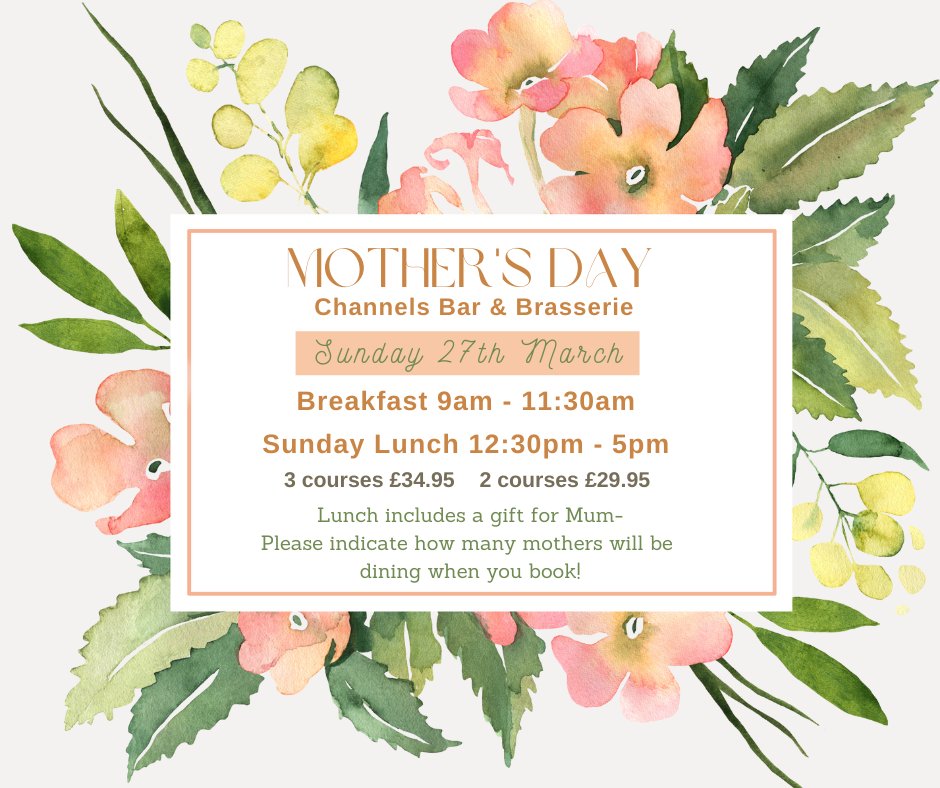 ChannelsCE's tweet image. Treat Mum this Mother's Day weekend!
Book a table for Mother's Day Lunch or Mother-In-Law Breakfast! To view our menus or to book your table, head to our website:
channelsestate.co.uk 
*Tables of 8 or more on Mother's Day will be dining between 2-3:30pm in our Essex Barn!