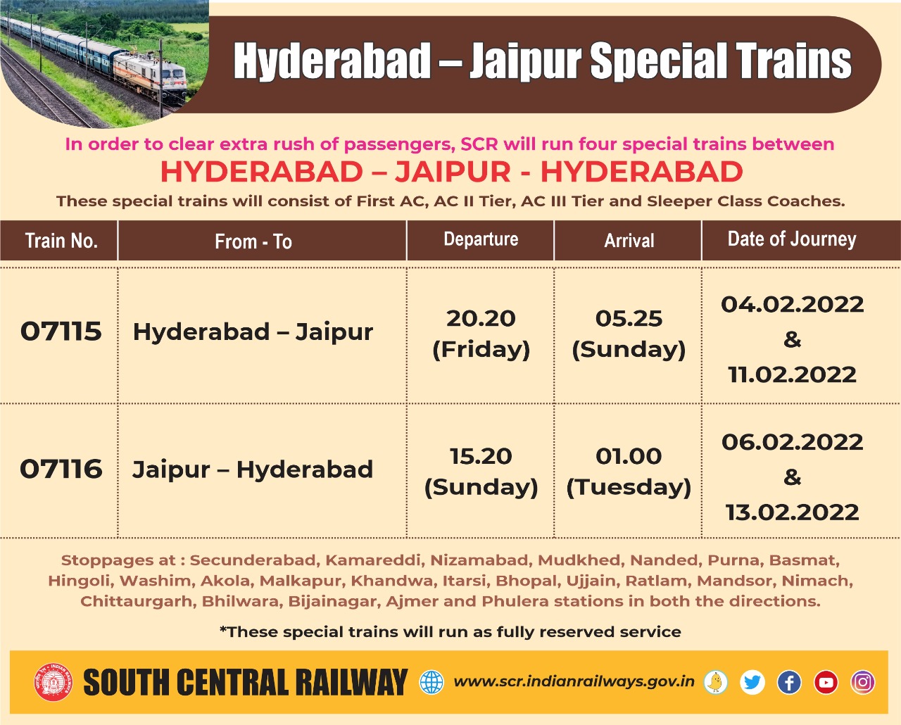 South Central Railway on Twitter "SCR will run four SpecialTrains