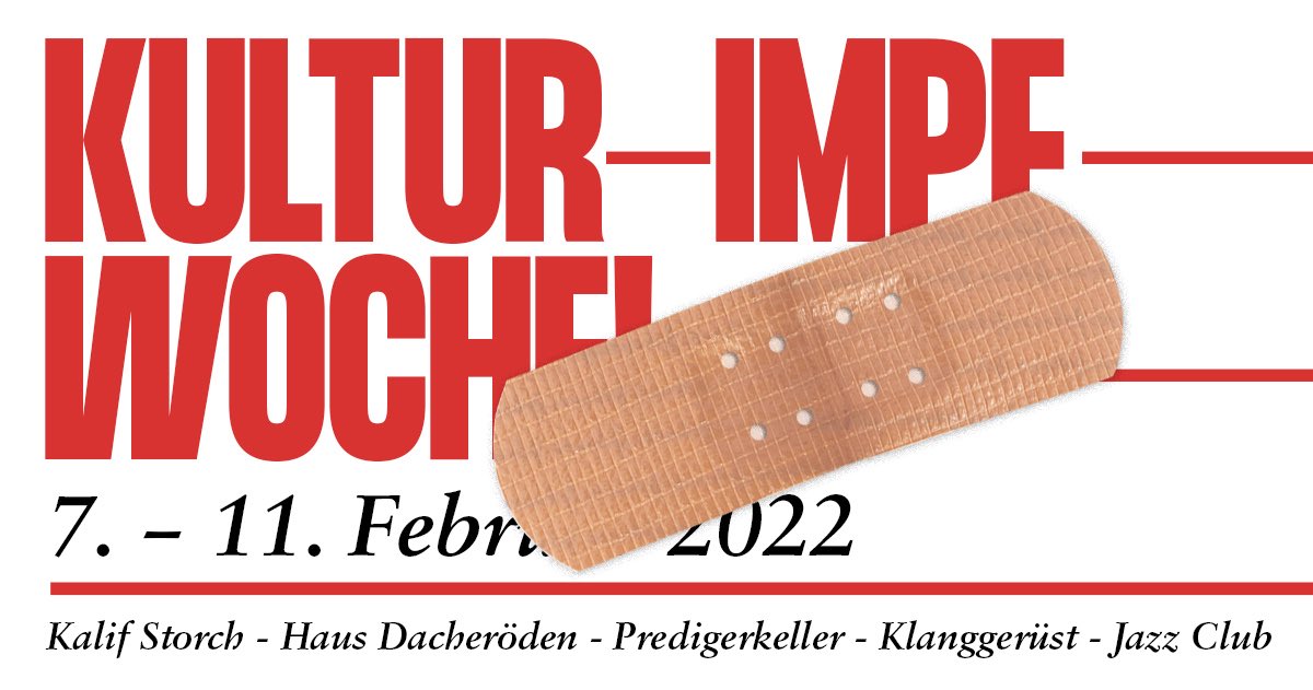 Wann? 13 - 17Uhr #KulturImpfwoche
Mo (7.2.) #KalifStorch / Zum Güterbahnhof20
Di (8.2.) #HausDacheröden / Anger37
Mi (9.2.) #Predigerkeller / Meister-Eckehart-Str.1
Do (10.2.) #Klanggerüst / Magdeburger Allee175
Fr (11.2.) #JazzClub / Juri-Gagarin-Ring140a
facebook.com/events/7269195…