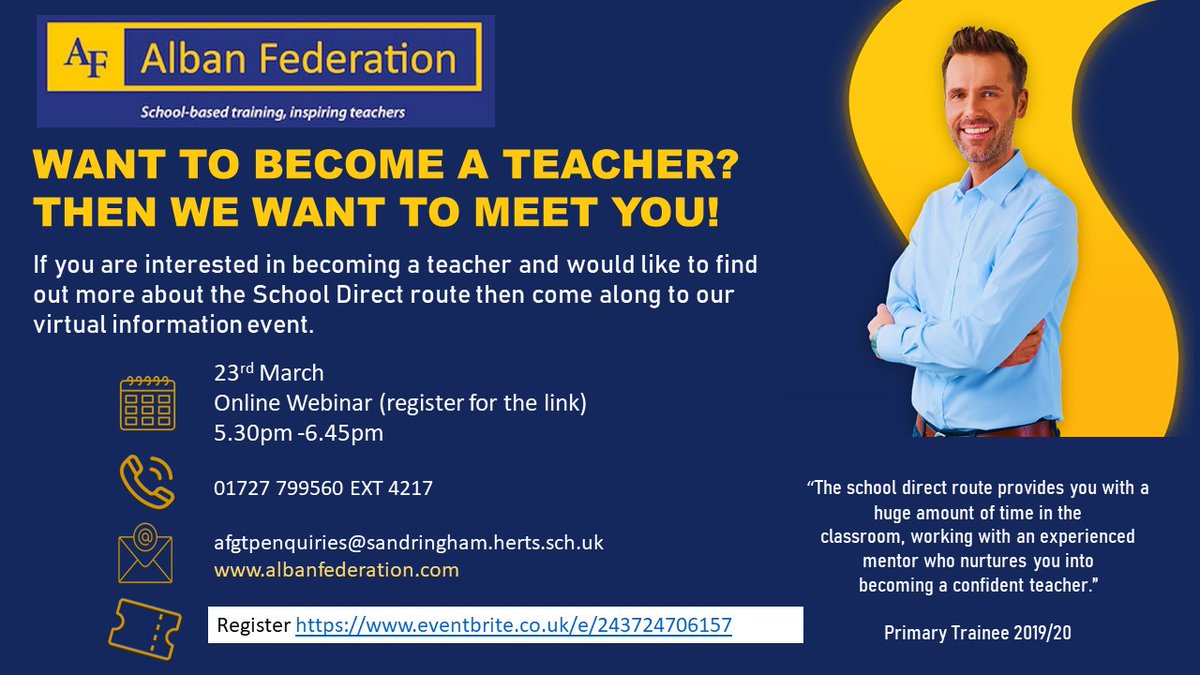 Thinking about training to teach? 
Register for our next  information webinar
eventbrite.co.uk/e/243724706157 #traintoteach #SchoolDirect #teachertraining <a href="/getintoteaching/">Teaching</a>