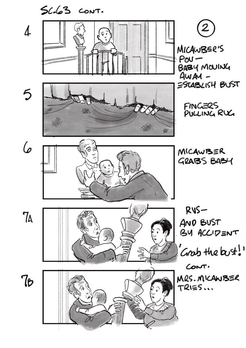 brinatello's tweet photo. A wonderful find of Storyboard Art by #DouglasIngram for @copperfieldfilm. Two scenes featuring #MrMicawber (#PeterCapaldi) are hiding behind a pig carcass and saving his baby as the cot drags from the bailiffs pulling on the hallway rug. #MicawberMonday https://t.co/zPl7qV1CAZ https://t.co/5EPcm9B13P