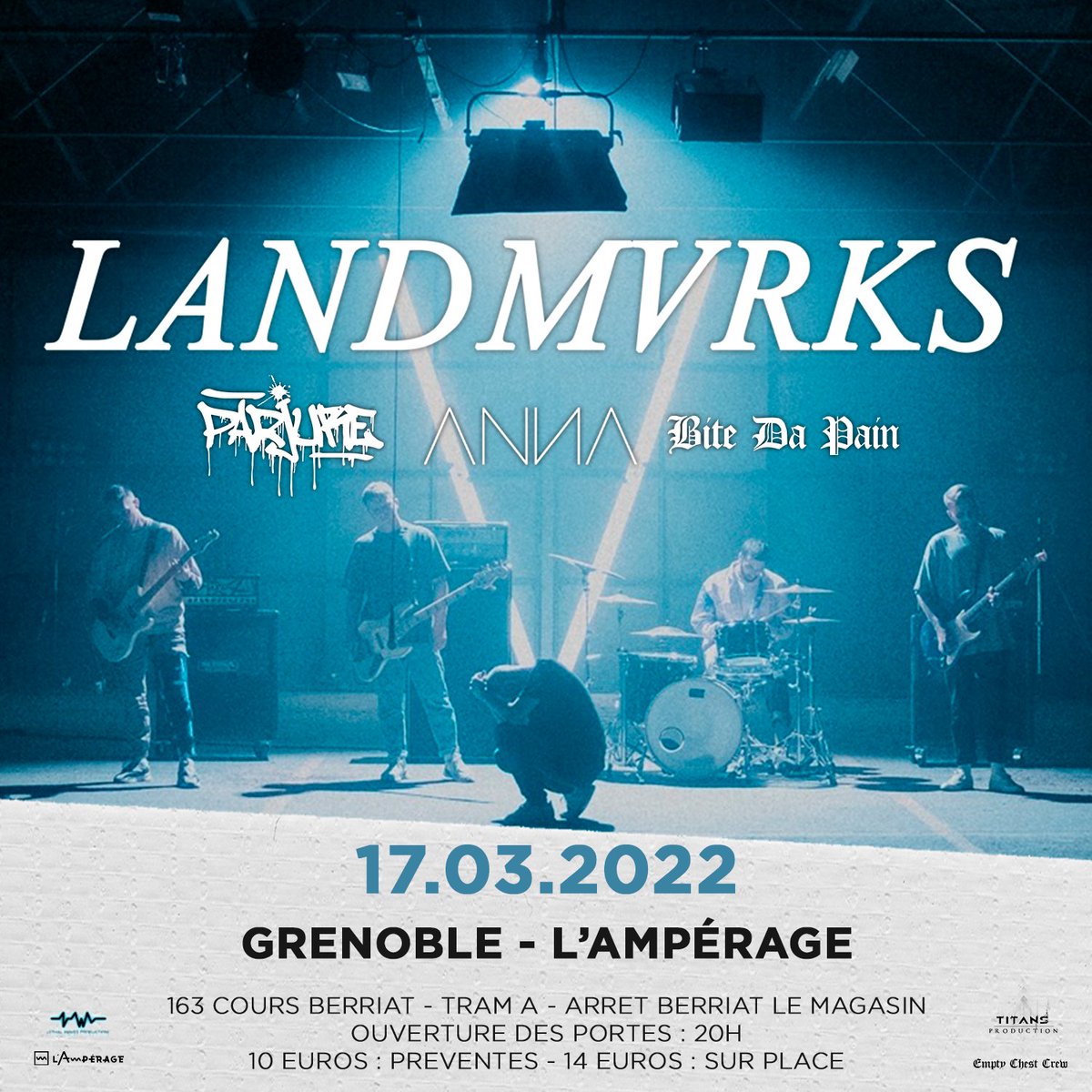 ⚠️  LANDMVRKS - GRENOBLE  ⚠️ 

---> Mise à jour affiche &amp; billetterie ! 

<a href="/LANDMVRKS/">𝐋𝐀𝐍𝐃𝐌𝐕𝐑𝐊𝐒</a> / Parjure / ANNA / Bitedapain 
📆  - 17 Mars 2022
🏁  - L'Ampérage - Grenoble

Billetterie : yurplan.com/event/Landmvrk…

#landmvrks #parjure #anna #bitedapain
#metalcore #hardcore #beatdown
