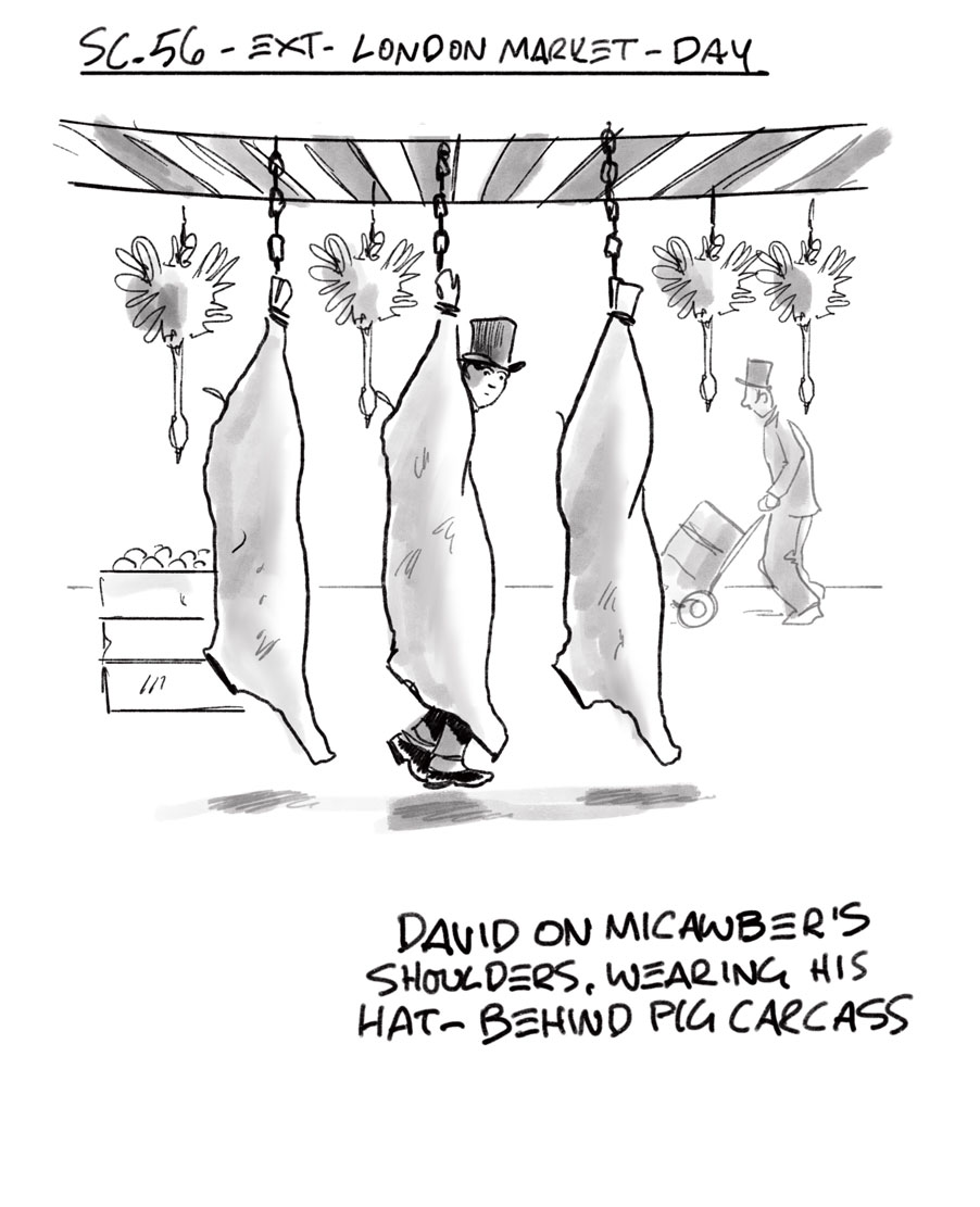 brinatello's tweet photo. A wonderful find of Storyboard Art by #DouglasIngram for @copperfieldfilm. Two scenes featuring #MrMicawber (#PeterCapaldi) are hiding behind a pig carcass and saving his baby as the cot drags from the bailiffs pulling on the hallway rug. #MicawberMonday https://t.co/zPl7qV1CAZ https://t.co/5EPcm9B13P