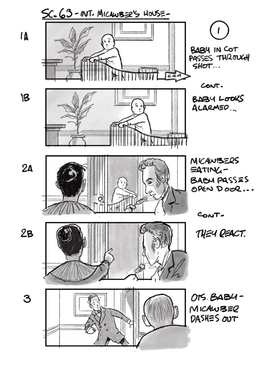 brinatello's tweet photo. A wonderful find of Storyboard Art by #DouglasIngram for @copperfieldfilm. Two scenes featuring #MrMicawber (#PeterCapaldi) are hiding behind a pig carcass and saving his baby as the cot drags from the bailiffs pulling on the hallway rug. #MicawberMonday https://t.co/zPl7qV1CAZ https://t.co/5EPcm9B13P