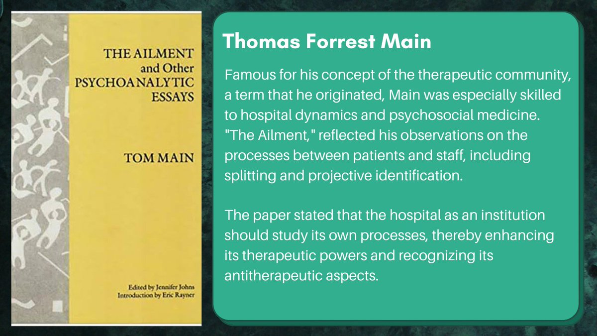 theIoPA's tweet photo. Influential Figures of Psychoanalysis 💡
#ThomasForrestMain
British physician, psychiatrist &amp; psychoanalyst

His famous paper, "The Ailment" reflected his observations on the processes between patients and staff, including splitting and projective identification.

#psychoanalysis https://t.co/IU30m6Smt9