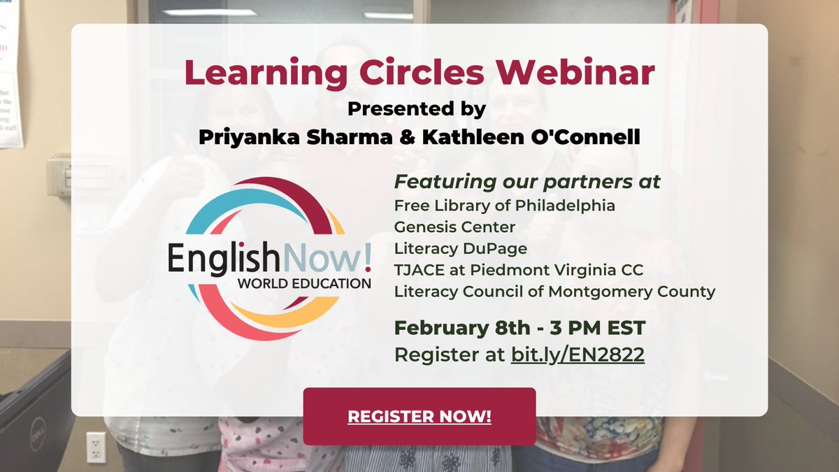 On Feb 8th, English Now! program partners <a href="/FreeLibrary/">Free Library of Philadelphia</a>  <a href="/GenesisCenter/">Genesis Center</a> <a href="/LiteracyDuPage/">Literacy DuPage</a>  <a href="/PiedmontVaCC/">PVCC</a> and <a href="/LCMCMD/">LCMC</a> will share how they offer remote group and personalized learning through the flexible learning circle model. Register at bit.ly/EN2822