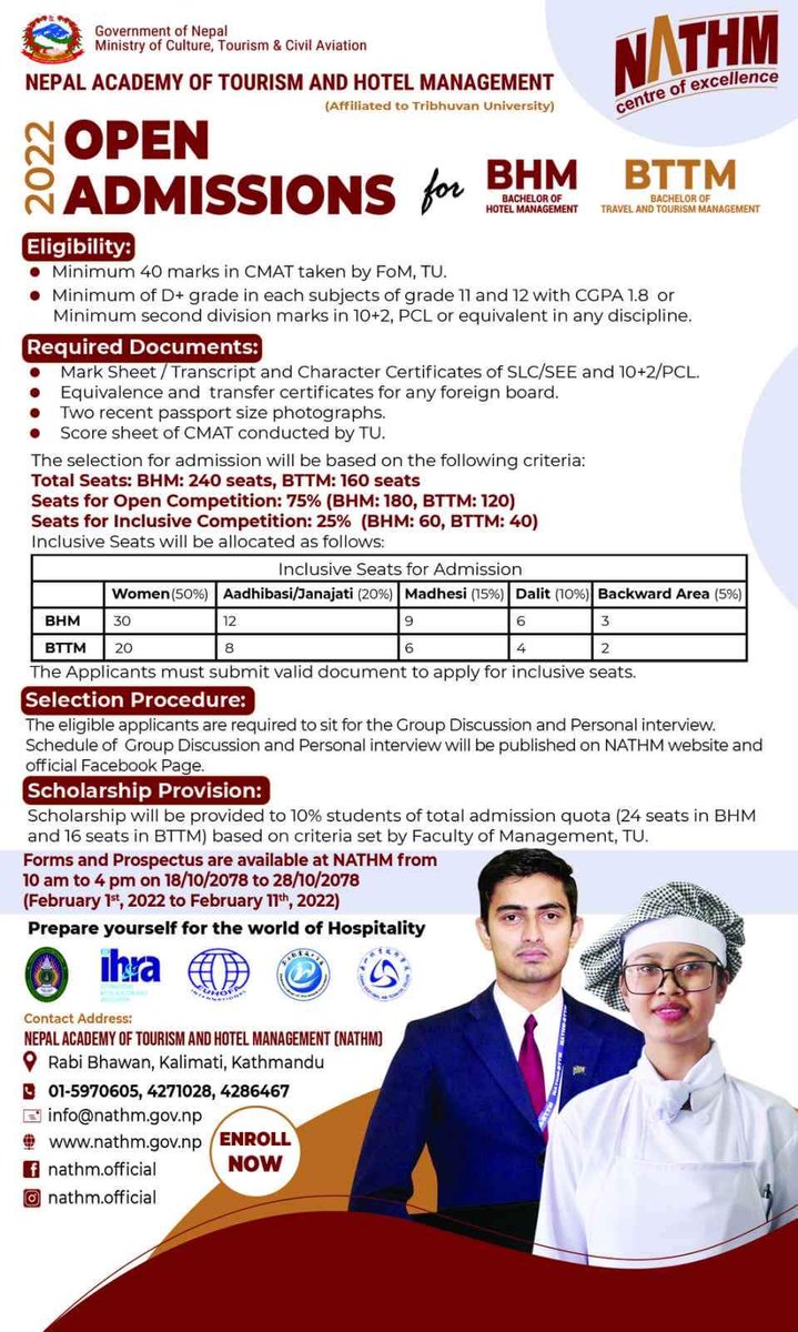NewModelEdu's tweet photo. NATHM invites application for admission in Bachelor of Hotel Management (BHM) and Bachelor of Travel and Tourism Management (BTTM) from the students who have secured minimum 40 marks in CMAT conducted by TU.
#CMAT #TU #NATHM #BHM #BTTM https://t.co/sCGIVUNn4X