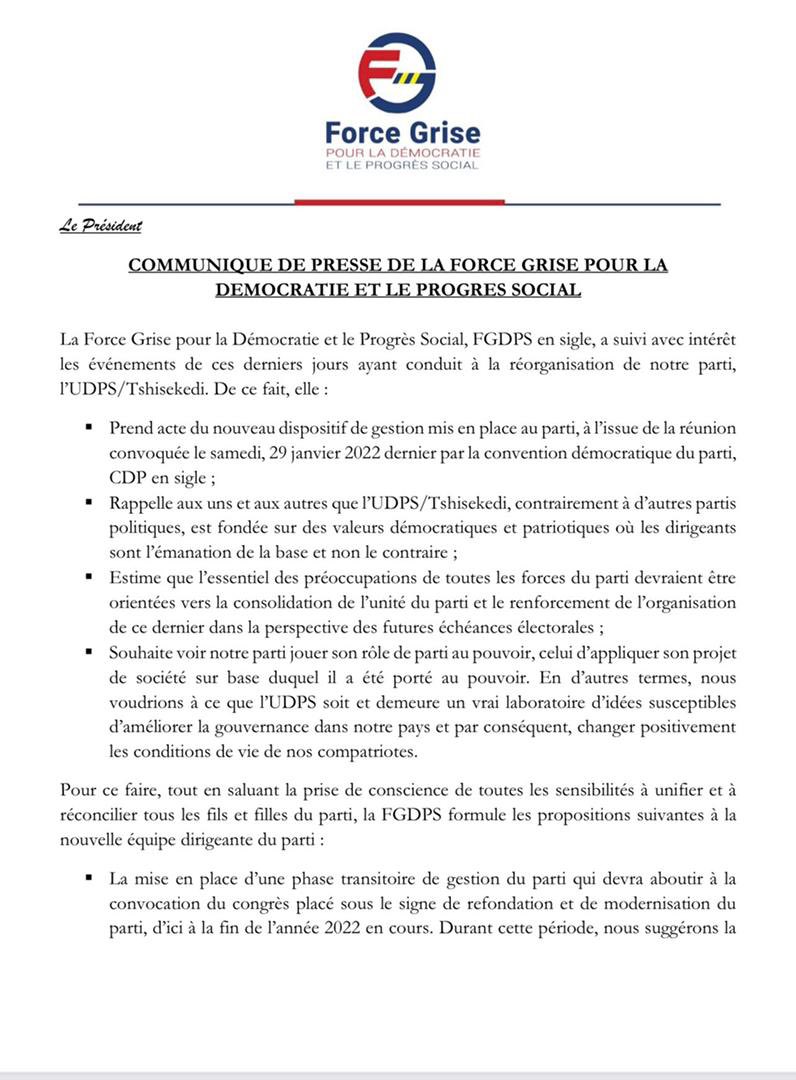 FG_dps's tweet photo. Communiqué de presse de la FORCE GRISE sur la réorganisation du Parti UDPS/TSHISEKEDI.
La Force Grise prend acte du nouveau dispositif de gestion et appelle toutes les forces du Parti à la consolidation de l’unité de ce dernier et le renforcement de son organisation. https://t.co/GuQND4aj3x