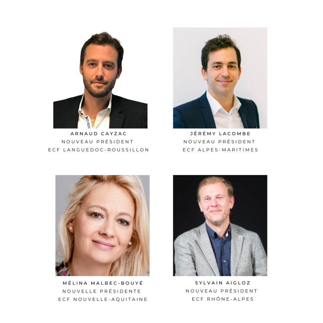 🔴4 nouveaux présidents de Régions ECF! 
Jérémy LACOMBE - Pdt ECF Alpes-Maritimes
Sylvain AIGLOZ - Pdt ECF Rhône-Alpes
<a href="/MelinaMBouye/">Mélina MALBEC-BOUYE</a> - Pdte ECF Nvelle-Aquitaine
<a href="/ArnaudCayzac/">Arnaud Cayzac</a> - Pdt ECF Languedoc-Roussillon
ECF leur souhaite la➕grande réussite ainsi qu'à leurs équipes régionales!