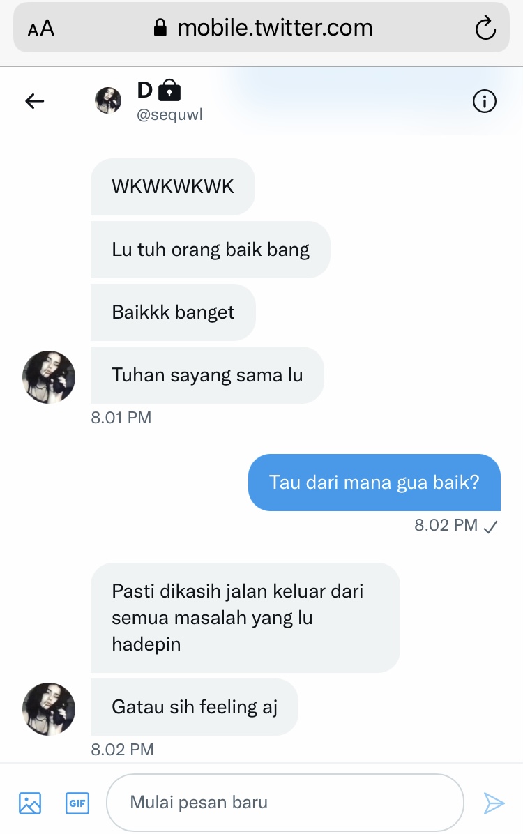 devtampan's tweet photo. Walaupun cuma feeling doang, thankyou udh bilang gua orang baik https://t.co/WP9alxkubo