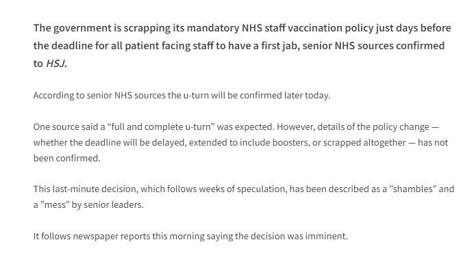 emilyltownsend's tweet photo. BREAKING: Government u-turns on mandatory staff vaccination 

Senior NHS sources have confirmed to @HSJnews that govt is scrapping its mandatory vax policy just days before the deadline 

From @HSJAnnabelle &amp; me #NHSMandate https://t.co/zWSgBrr01e https://t.co/ACzVhKOvCE
