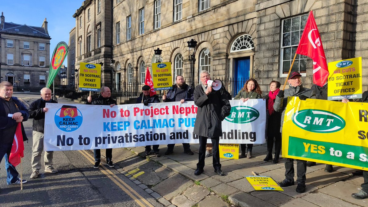 RMTunion's tweet image. .@RMTunion protest in Edinburgh today against cuts to jobs and services on Scotland's railways; against planned @ScotRail cuts to ticket offices; against the privatisation of @CalMacFerries and calling for a #JustTransition for offshore workers