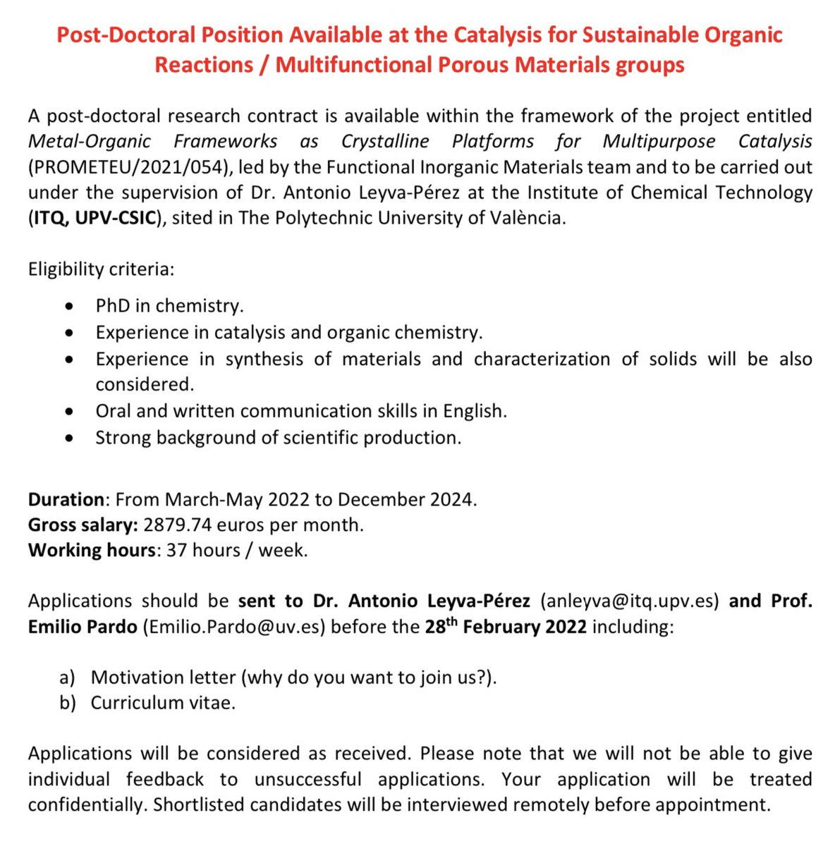 We are hiring!! #postdocposition at <a href="/ITQ_UPVCSIC/">ITQ (UPV-CSIC)</a>. Apply if you want to join an excellent group in a beautiful city. <a href="/JovenesQuimicos/">Jóvenes Investigadores Químicos (JIQ-RSEQ)</a> <a href="/YoungChemists/">EYCN</a>