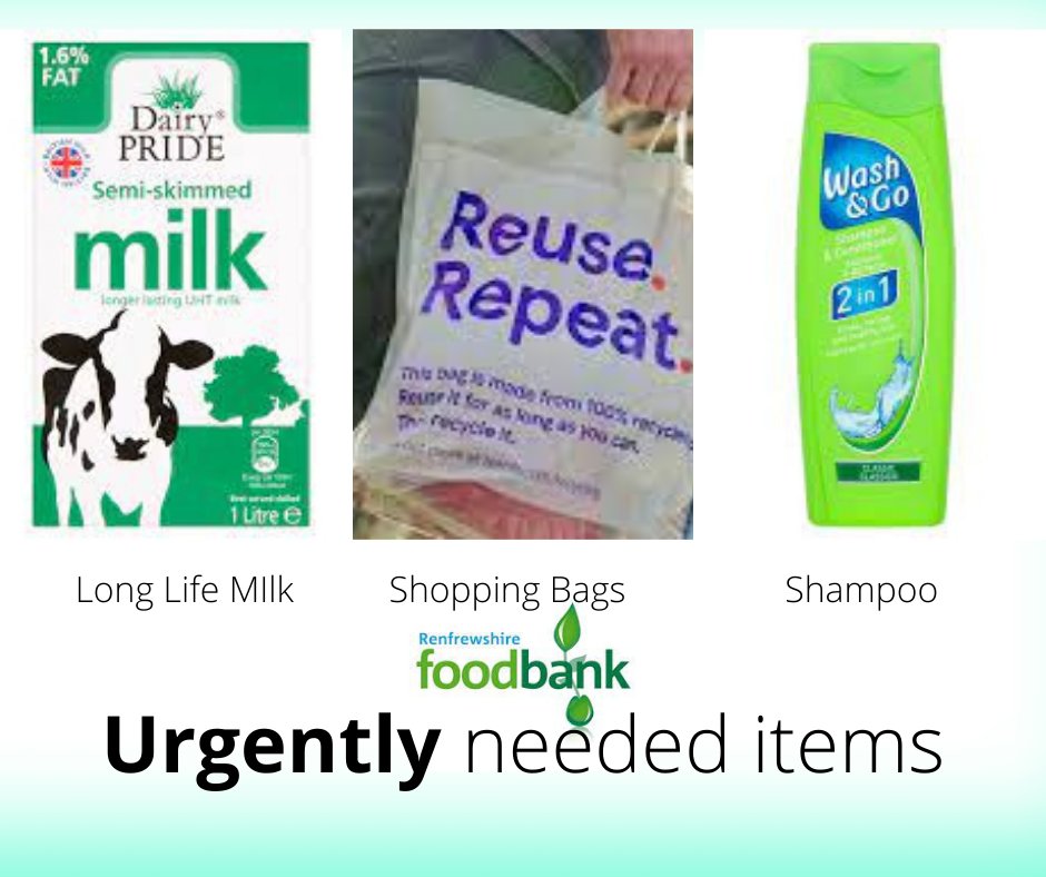 Can you help? Please like and share.

We are desperately low on shopping bags, long life milk and shampoo. We accept donations at our Renfrew warehouse on Monday, Wednesday and Friday morning at the following address - Porterfield Road, Renfrew, PA4 8DJ.

Thank you 🙏