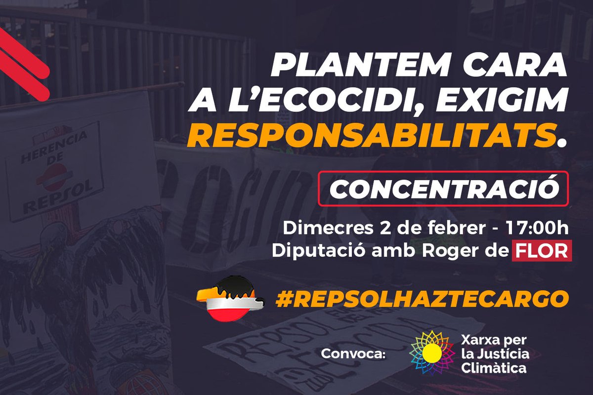 🔥 CONCENTRACIÓ CONTRA L’ECOCIDI DE REPSOL AL PERÚ 🇵🇪🔥 L'economia fòssil mata, l'economia fòssil destrossa salut, vides i ecosistemes. Plantem cara a l'ecocidi de @repsol, exigim responsabilitats. 

🗓️ Dimecres 2 de febrer ⌚️ 17:00h
📍 Diputació/Roger de Flor
#RepsolHazteCargo