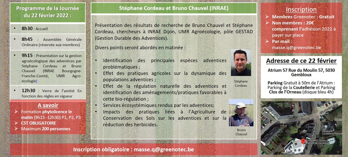 scordeau_inra's tweet photo. Intervention à venir à l'AG de @Greenotec le 22 Fév. 2022:
par @scordeau_inra &amp; @ChauvelBruno1 travaillant à @UMRAgroecologie @INRAE_BFC_Dijon 
sur la gestion agroécologique des #adventices. 🔗Inscription via le lien suivant : https://t.co/4tJZH9JpUE https://t.co/Cj4lMpnlya