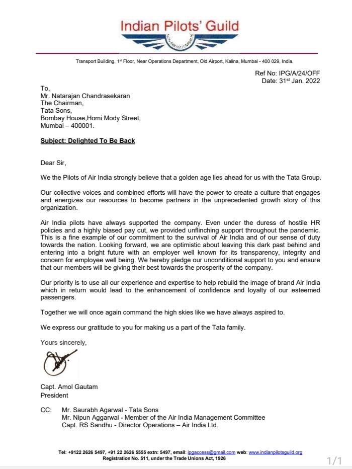 Together we will once again command the high skies like we have always aspired to, making @airindiain a world class airline. 
We express our gratitude to you for making us a part of the <a href="/TataCompanies/">Tata Group</a> family 

#AirIndiaOnBoard #ThisIsTata 
#LookingForward #NewBeginnings