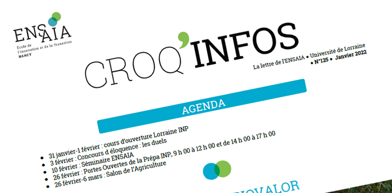 🗞️ #CroqInfos, la lettre de l'ENSAIA, est paru.
Au sommaire : lancement du Projet #Biovalor, Lactalis à l'ENSAIA, Concours d'éloquence, un labo à ciel ouvert, des ruches sur le campus, le retour de la guerre des gangs... 
A lire ici 👉bit.ly/3obdYku