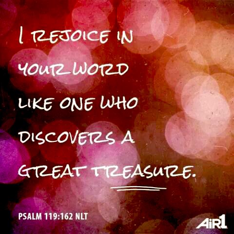 Lindangle74's tweet photo. Psalms 119:162

I rejoice in your
Word
Like one who
Discovers A 
Great Treasure 📖🌱

#RejoiceinHisWord
#TreasureJesus https://t.co/8kXJu2YG3M