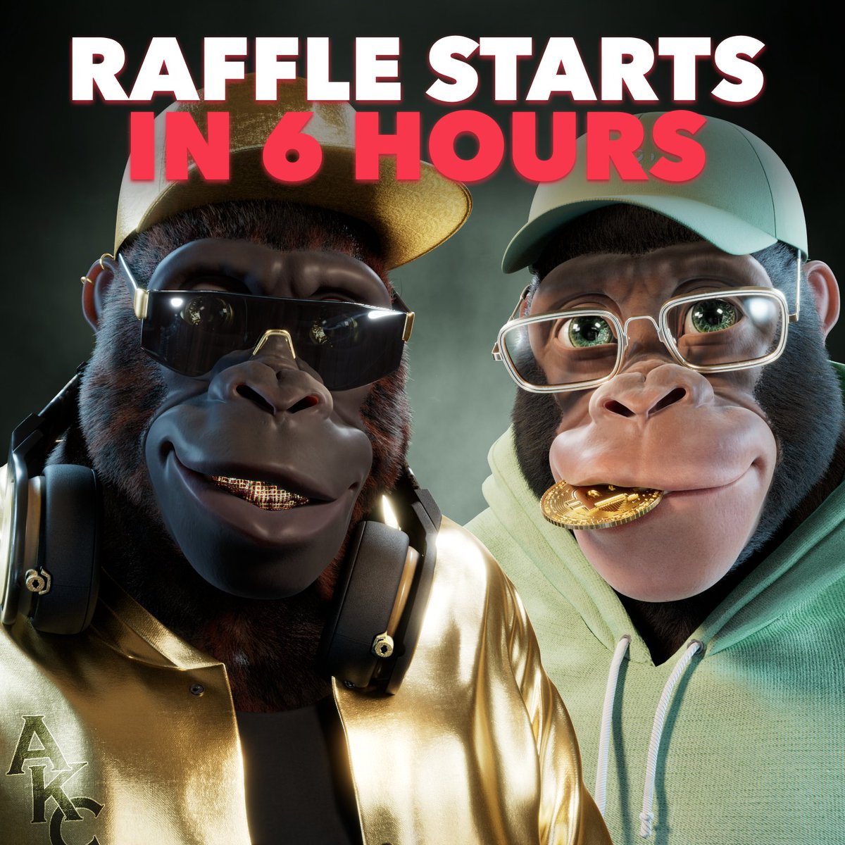 AlphaKongsClub's tweet photo. Big T &amp; Mac are ready for the raffle in 6 hours. Are you? 👀 
You can register for the raffle on our website (link in bio) starting from 20.00 CET!

The Whole AKC Family is extremely excited for the launch! 🚀

One retweet gets whitelist. 🤍 https://t.co/9gul6p7YU2