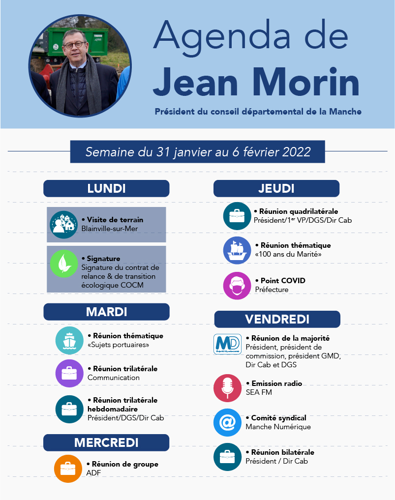 JeanMorin_CD50's tweet photo. 🗓️[2022] J'ai souhaité vous partager mon agenda hebdomadaire : vous y trouverez chaque semaine les réunions et rendez-vous auxquels je me rends, signe de mon engagement quotidien pour l'ensemble des habitants de #LaManche avec @LaManche50 https://t.co/AakXAetGhX