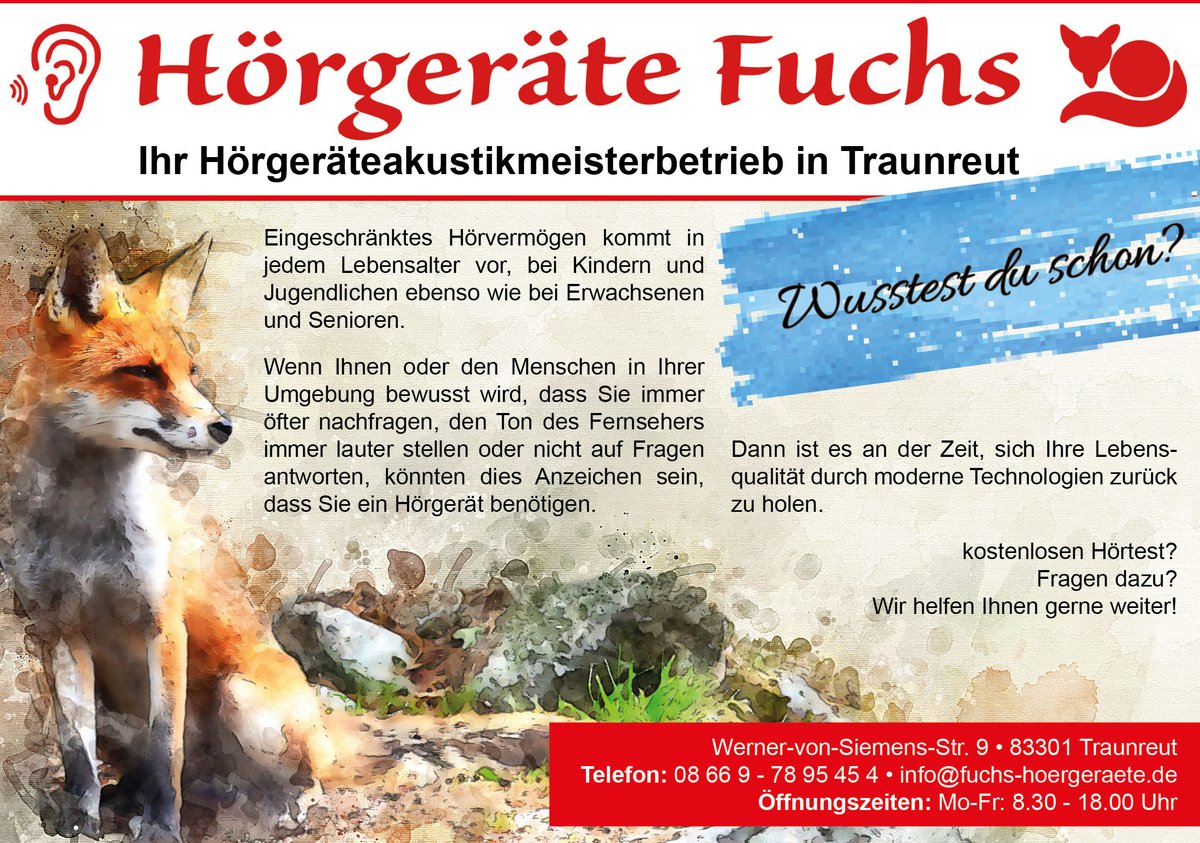 Schon gewusst?

kostenlosen Hörtest? Fragen dazu?
Wir helfen Ihnen gerne weiter!
08669 789 54 54