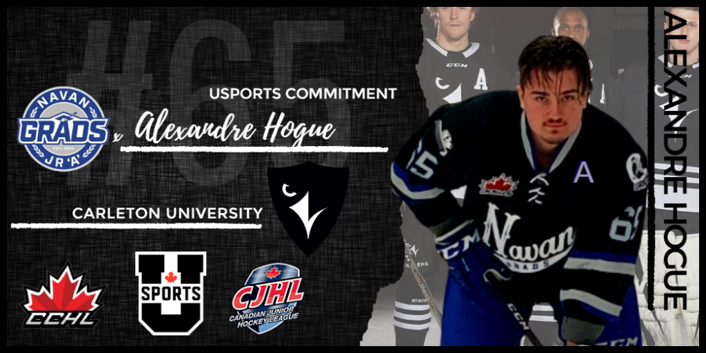 GradsHockey's tweet photo. 🚨USPORTS COMMITMENT ALERT🚨

We are proud to announce that defenseman Alexandre Hogue ('01) has committed to Carleton University &amp; the Carleton Ravens @USPORTSca hockey program for the 22-23 season. #Grads @65_Hogue @TheCCHL @CURavens 

Press Release | https://t.co/ABzo2zoMi7 https://t.co/3WXlMtijPr