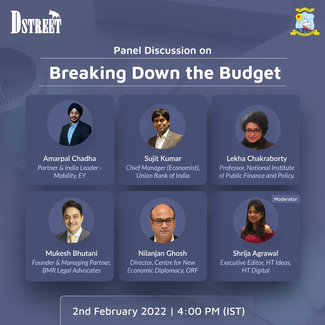 srcc_dstreet's tweet photo. D-Street SRCC is pleased to announce an experts' panel discussion on 'Breaking Down the Budget' to discuss the critical aspects of Budget 2022 and it's bearing on the economy.

Join us on Feb 2nd at 4 p.m. 
Platform - MS Teams

Register now. https://t.co/Mbbcs34CTC

#Budget2022 https://t.co/zXUT7WVRza