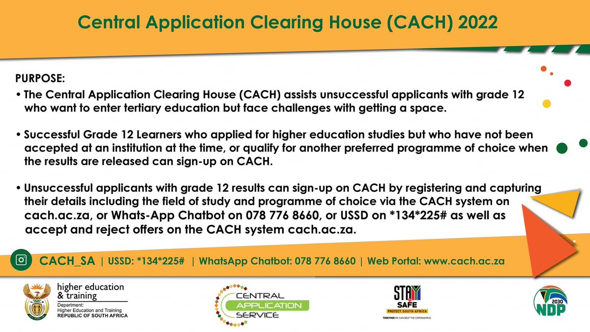 HigherEduGovZA's tweet photo. The Department of Higher Education and Training is calling on Grade 12 learners who passed matric in 2021 but have not yet secured a place at a university or college to apply immediately using the Department’s Central Applications Clearing House (CACH) system. https://t.co/AzRlns0zoA