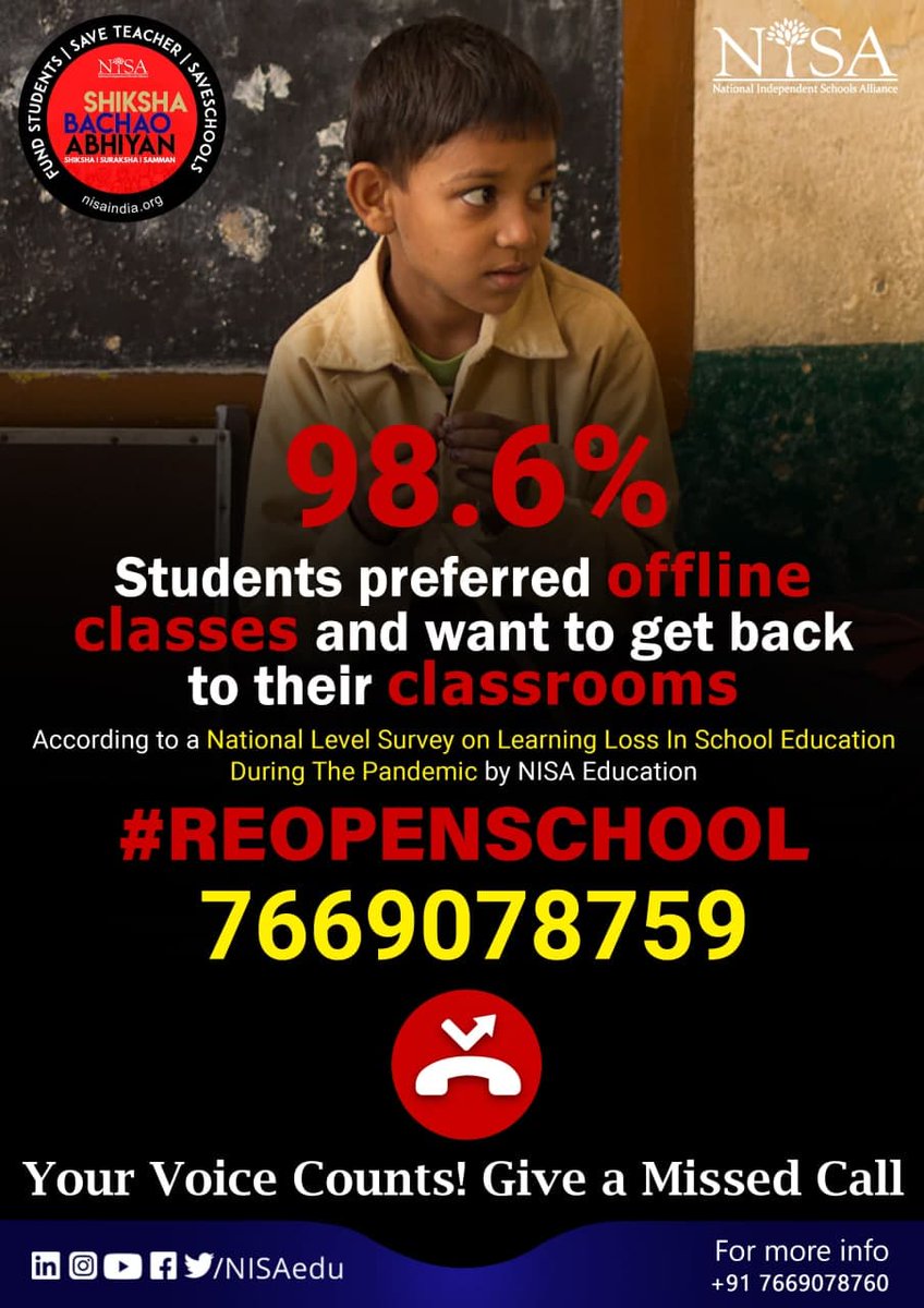 Our survey on learning loss estimated that majority of the students want to get to back their schools.  It is evident in many other reports that there was barely any readiness with regards to online learning in most areas.
<a href="/PMOIndia/">PMO India</a> <a href="/EduMinOfIndia/">Ministry of Education</a> <a href="/dpradhanbjp/">Dharmendra Pradhan</a> 
#ReopenSchools
