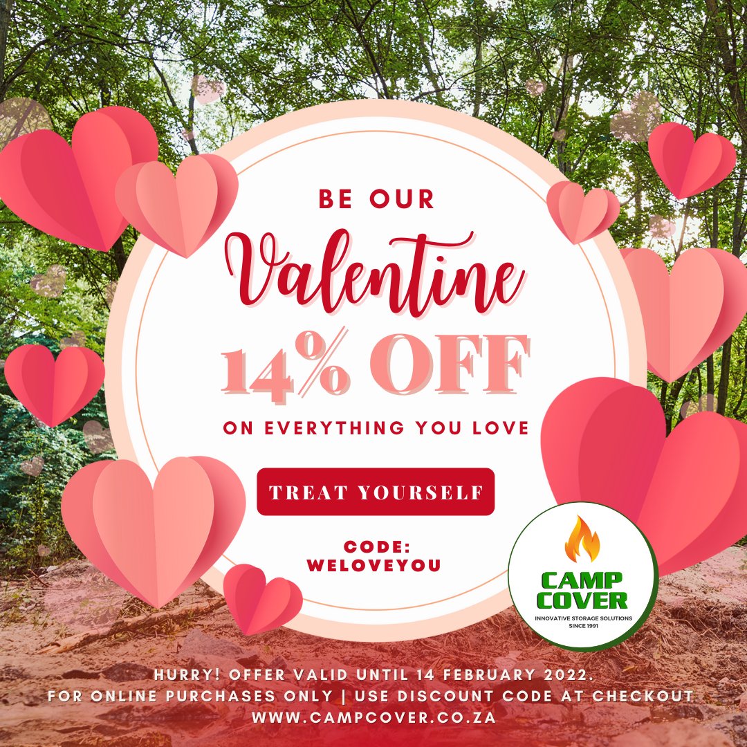 We are offering a special discount for Valentine's Day!

❤️Treat yourself: campcover.co.za
❤️Take 14% off on everything you love!
❤️Use the discount code WELOVEYOU at checkout. 

Offer valid until 14 February 2022.
#beourvalentine #campcover #madeinsouthafrica