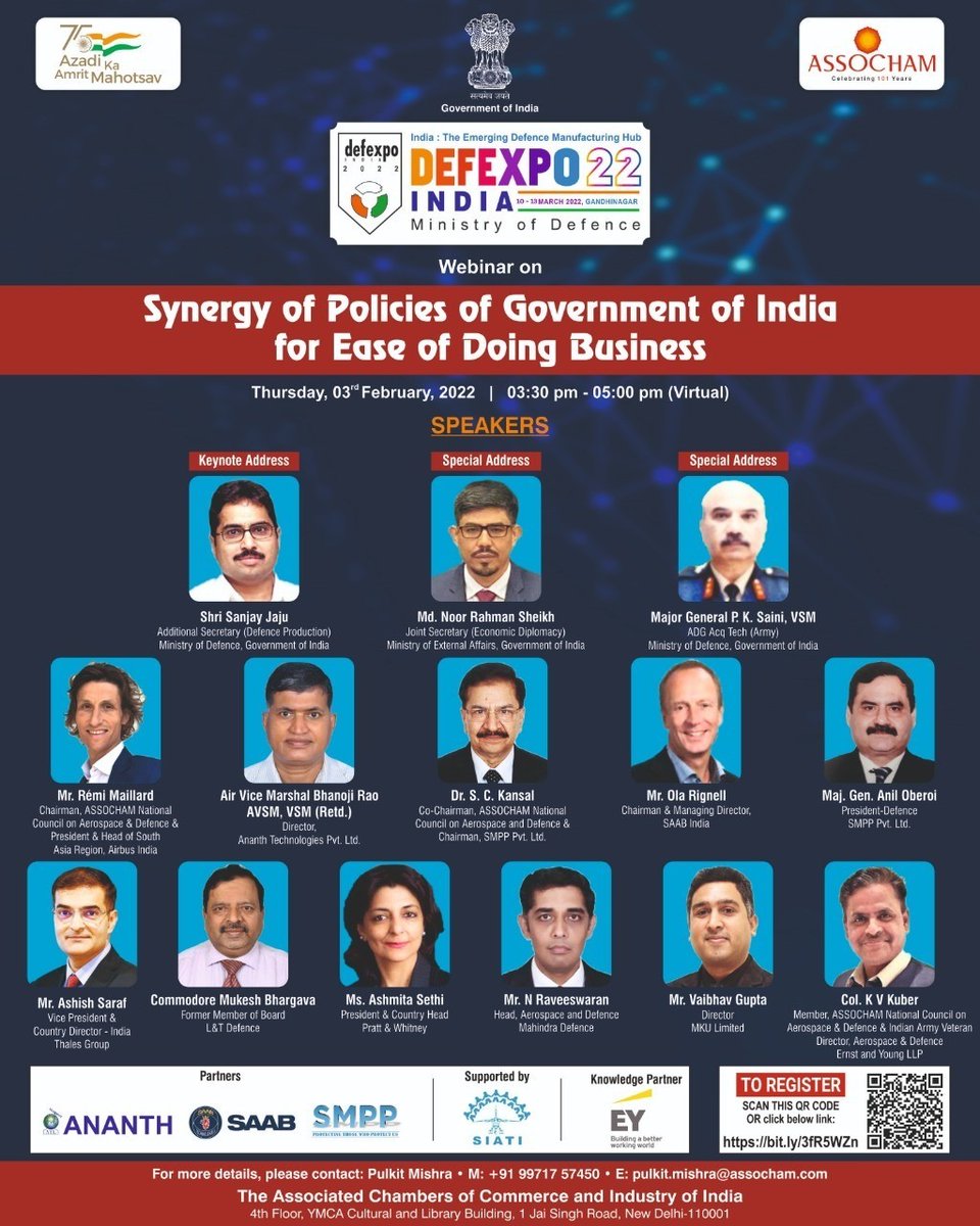 ASSOCHAM4India's tweet photo. Tune in to the #DefExpo2022 Webinar organised by #ASSOCHAM in association with @DefProdnIndia.
 
Topic: "Synergy of policies of Government of India for ease of doing business"
🗓️: 3 Feb
🕞: 3:30 PM
🔗: https://t.co/zO945ZEw5X
 
Register now for free! https://t.co/WgJo4JqHun