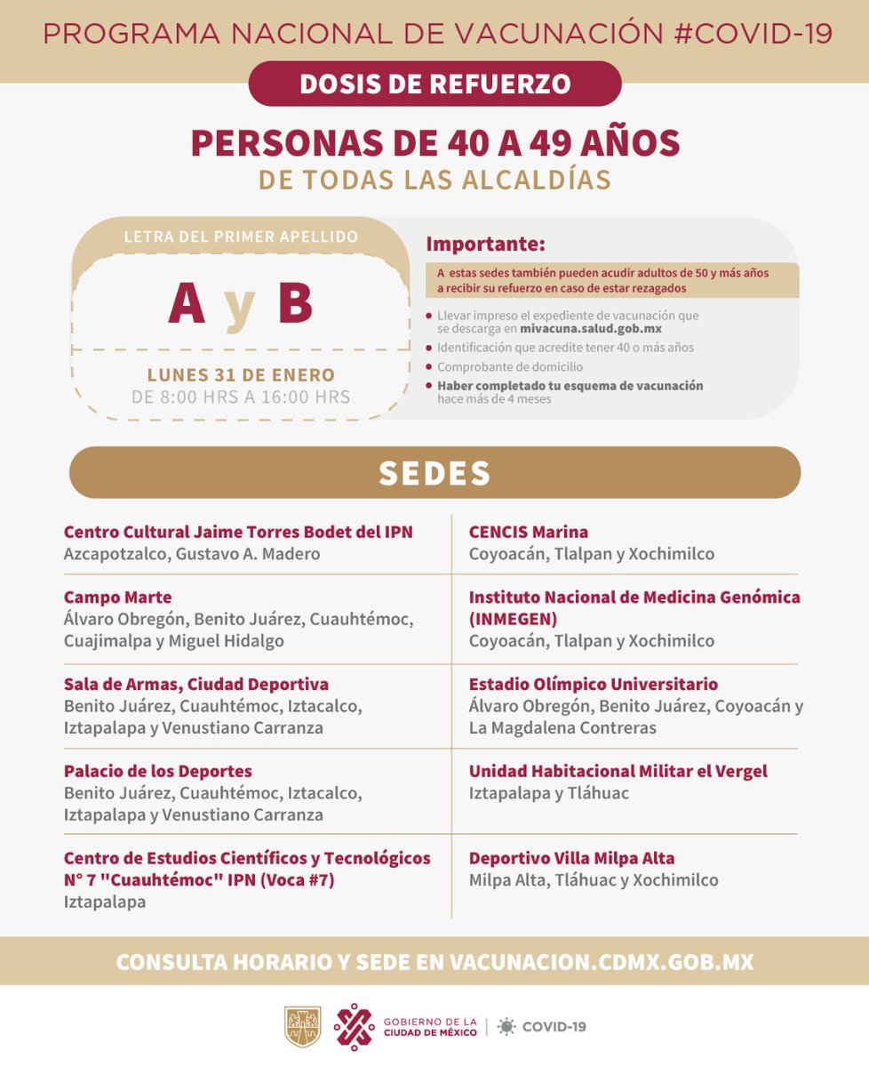 GobCDMX's tweet photo. ¡Hoy inicia!
Arrancamos con la aplicación del refuerzo de la vacuna contra #COVID19 para personas de 40 a 49 años.

Hoy corresponde a los apellidos que inician con las letras A y B.

Más información en https://t.co/pj8RmuTNC4 https://t.co/fB6QjQ3k66