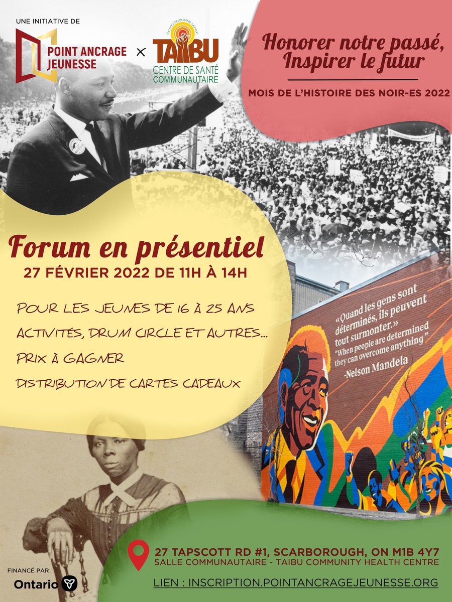 PAJ et <a href="/TAIBU_CHC/">TAIBU Community Health Centre</a> vous attendent le 27 février à partir de 11h pour célébrer le mois de l’Histoire des Noirs 2022 en présentiel.🔊

Inscrivez-vous, dépêchez-vous ! 
➡️lien: lnkd.in/dMUWyTRs

👉🏽Pour en savoir plus sur cet évènement, contactez Ngalula à ngalulak@yahoo.com