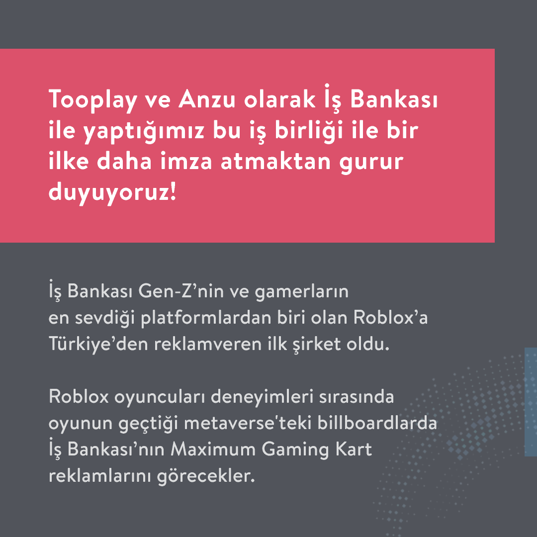 tooplaytr's tweet photo. Anzu ile İş Bankası için hazırladığımız Roblox billboard reklam iş birliği ile bir ilke daha imza atmaktan gurur duyuyoruz! 🛸
We are proud to announce the first in-game ad campaign on Roblox with @Anzu_io & @isbankasi
#tooplay #tootrends #roblox #işbankası #anzu https://t.co/NSFqaZjFsg