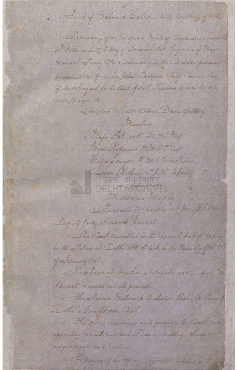 Delhi_Archives's tweet photo. #DocumentoftheWeek
From records of Delhi Archives: Trial of Mahomed Bahadoor Shah Ex-King of Delhi
Bahadur Shah Zafar, the poet-king, was catapulted into the limelight when the ‘mutineers’ from Meerut arrived in Delhi on 11 May 1857. (1/4) https://t.co/PTFgLJj1zN