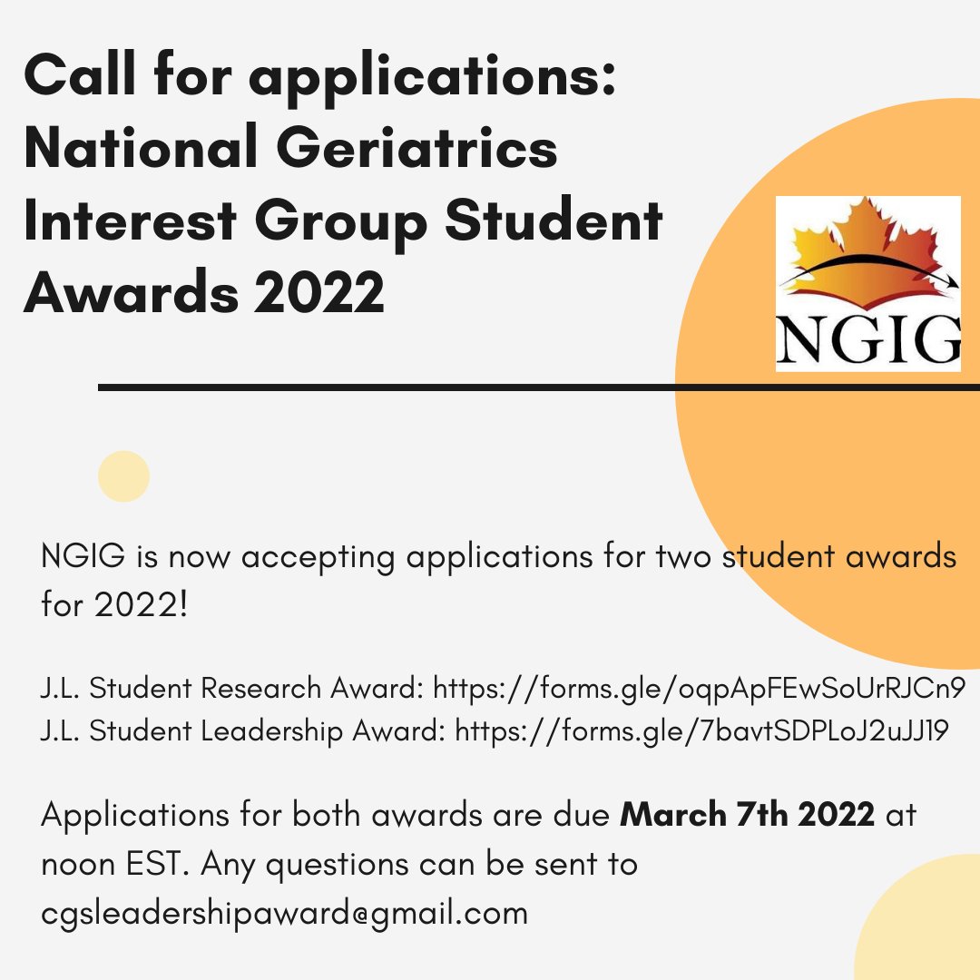 Deadline reminder! The due date for the NGIG student awards is March 7th, 2022.

J.L. Student Research Award: forms.gle/oqpApFEwSoUrRJ…
J.L. Student Leadership Award: forms.gle/7bavtSDPLoJ2uJ…

<a href="/GeriInterestGp/">Canadian RGIG</a> <a href="/CanGeriSoc/">Canadian Geriatrics</a>