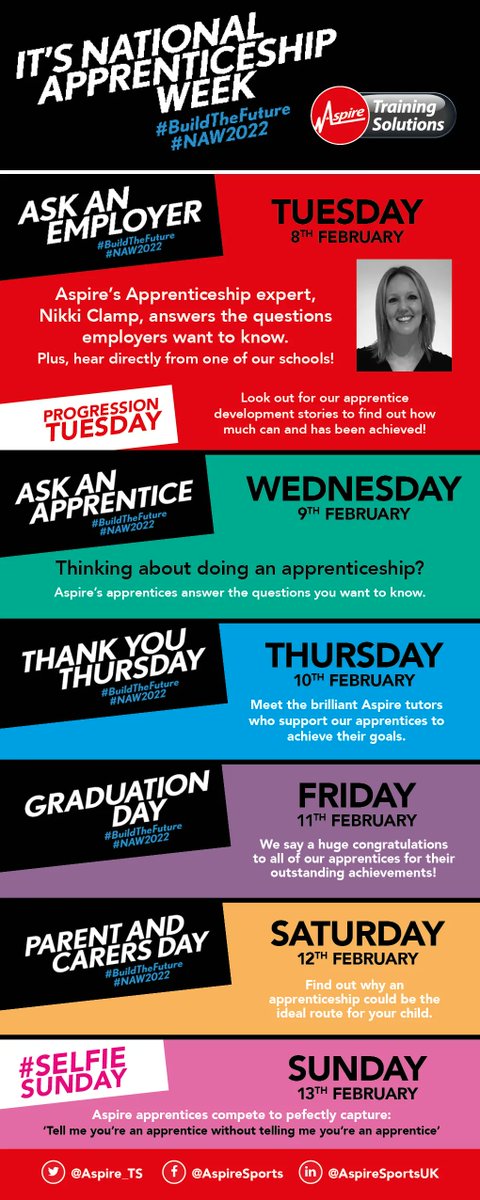 Aspire_TS's tweet image. What have we got going on for National Apprenticeship Week next week?
Check out our timetable below 👇
#NAW2022 #AskAnEmployer #AskAnApprentice #BuildTheFuture @Apprenticeships