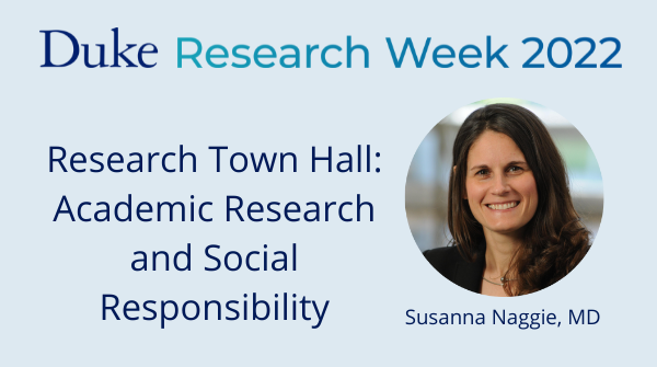 dukemedicine's tweet photo. Don’t miss Associate Professor of Medicine and Vice Dean for Clinical Research Susanna Naggie, MD at today’s Research Town Hall: Academic Research and Social Responsibility panel discussion beginning at 2:00 PM #DukeResearchWeek @DukeMedSchool https://t.co/qxVPme91FX