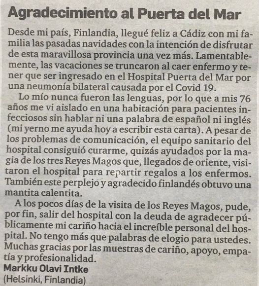 🟢 Agradecimientos 👍 Desde Finlandia 🇫🇮nos llega este mensaje, a través del #DiariodeCadiz Muchas gracias y nos alegra saber que ya está recuperado😜 #ComplejoHospitalarioUniversitarioPuertadelMarSanCarlos