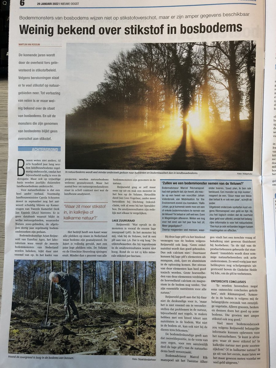 Stikstof is helemaal het probleem niet in bos-/natuurgrond. 
Lage pH en daardoor lage bindingscapaciteit voor voedingsstoffen des te meer. 
Resultaat van eerste monsters van Eurofins. Meer meten zou goed zijn. 

#kalk 

Uit <a href="/nieuweoogstnl/">Nieuwe Oogst</a>