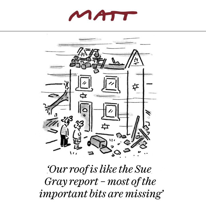 MattCartoonist's tweet photo. "Our roof is like the Sue Gray report - most of the important bits are missing"⁠

⁠My latest cartoon for tomorrow's @Telegraph 

Subscribe to my weekly newsletter to receive my unseen cartoons: https://t.co/JNDhrYJMFH https://t.co/cwi5DpIFcx