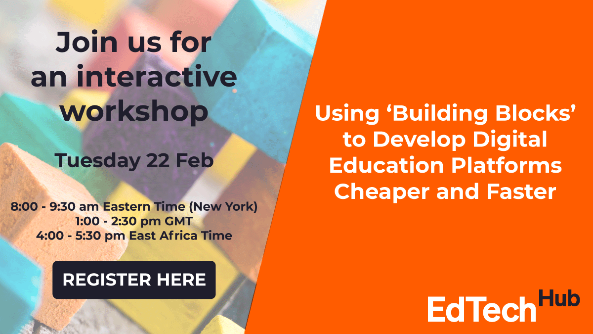 GlobalEdTechHub's tweet image. 🗓️Event Alert: Join us 22 Feb for an EdTech Hub workshop on "Using ‘Building Blocks’ to develop digital education platforms cheaper and faster."
Register here: bit.ly/34qDtaF @EkStep_Org 
#edtechbuildingblocks