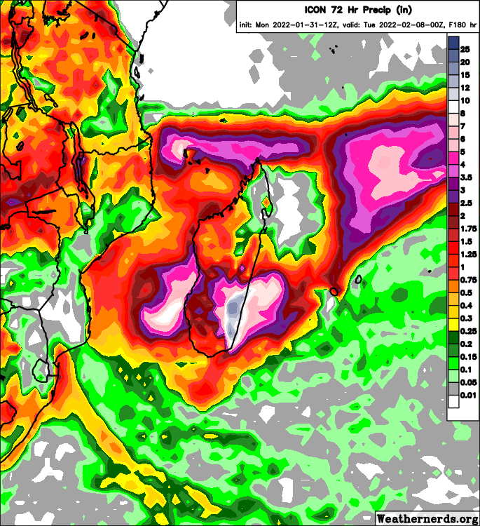 Sausius_wx's tweet photo. The biggest threat with Tropical #TC08 #Batsirai is undoubtedly #flooding caused by rainfall. Model guidance is in good agreement on widespread excessive rainfall, mainly around and to the south of the landfall area on the windward side of the mountains. #tropics https://t.co/i9XHY3QG2A