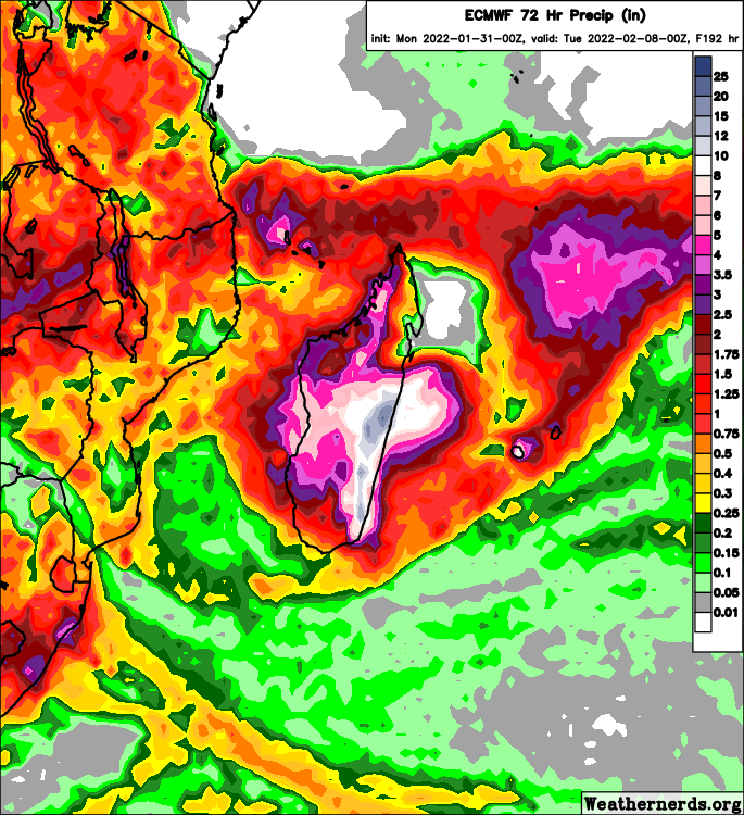 Sausius_wx's tweet photo. The biggest threat with Tropical #TC08 #Batsirai is undoubtedly #flooding caused by rainfall. Model guidance is in good agreement on widespread excessive rainfall, mainly around and to the south of the landfall area on the windward side of the mountains. #tropics https://t.co/i9XHY3QG2A