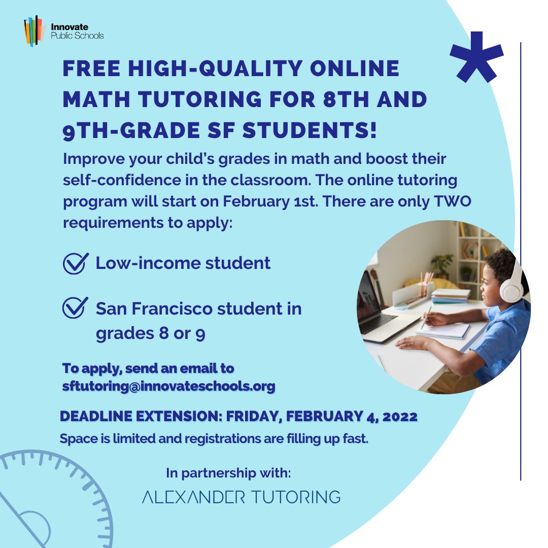 InnovateSchools's tweet photo. SF Community: If you know of anyone who will benefit from a FREE tutoring program please email sftutoring@innovateschools.org. We are still accepting applications. Deadline to apply is this Friday! https://t.co/EWRGLj6TYJ