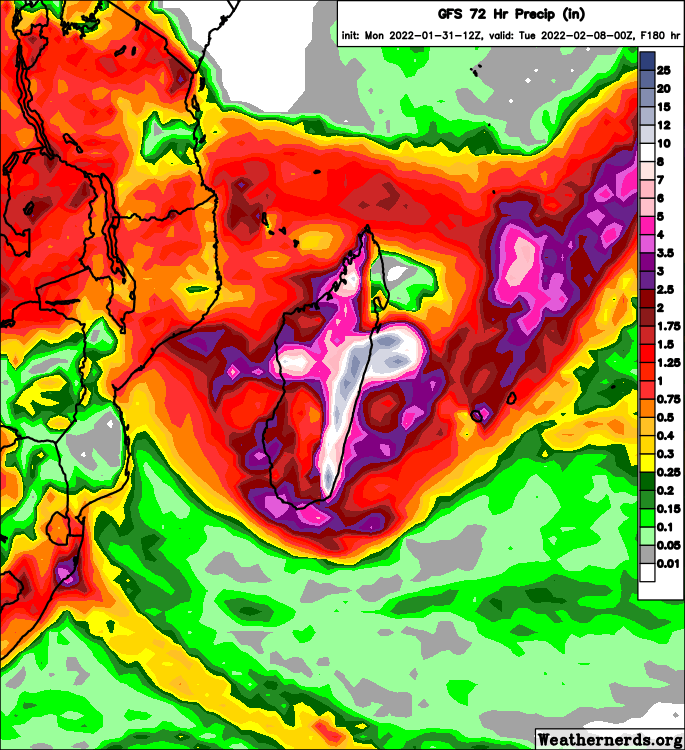 Sausius_wx's tweet photo. The biggest threat with Tropical #TC08 #Batsirai is undoubtedly #flooding caused by rainfall. Model guidance is in good agreement on widespread excessive rainfall, mainly around and to the south of the landfall area on the windward side of the mountains. #tropics https://t.co/i9XHY3QG2A