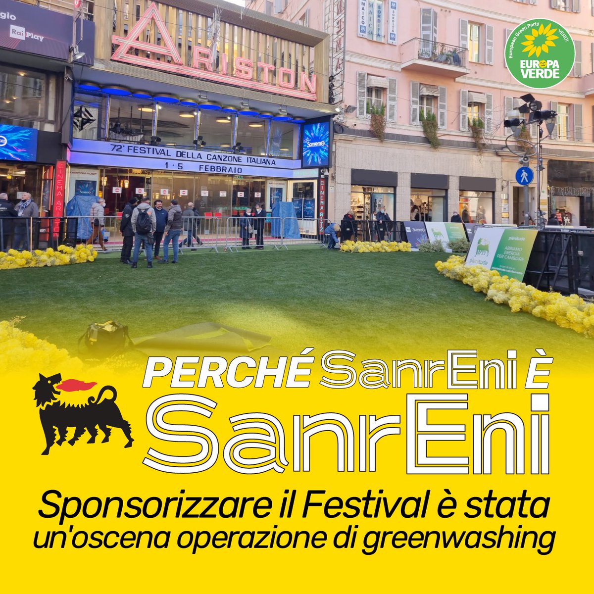 È davvero inammissibile che #ENI sfrutti il palcoscenico di #Sanremo2022 per una eclatante operazionione di #greenwashing. Proprio mentre si cerca di indirizzare gli sforzi europei verso il #GreenDeal viene consentito a ENI di ripulirsi l’immagine. <a href="/EleonoraEvi/">Eleonora Evi</a> <a href="/AngeloBonelli1/">Angelo Bonelli</a>